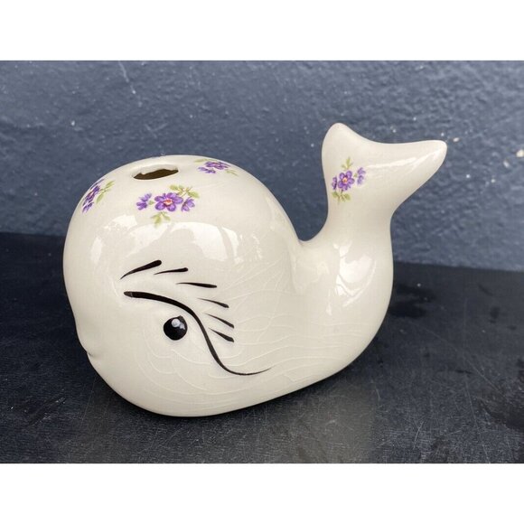 Anthropomorphic Porcelain Ceramic Whale Figurine Hand Painted Victorian Floral - Picture 2 of 9